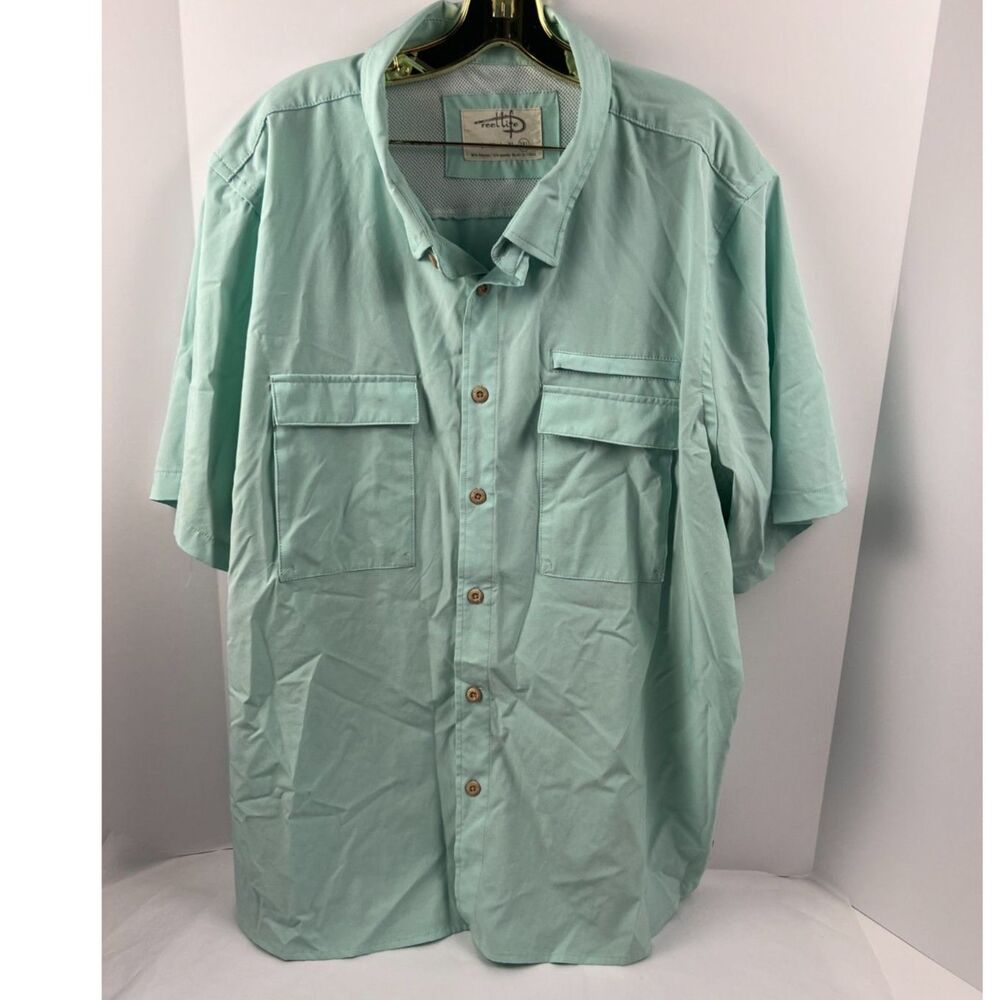 Men's 2XL Reel Life Short Sleeve Button Down Fishing Shirt Light Green EUC